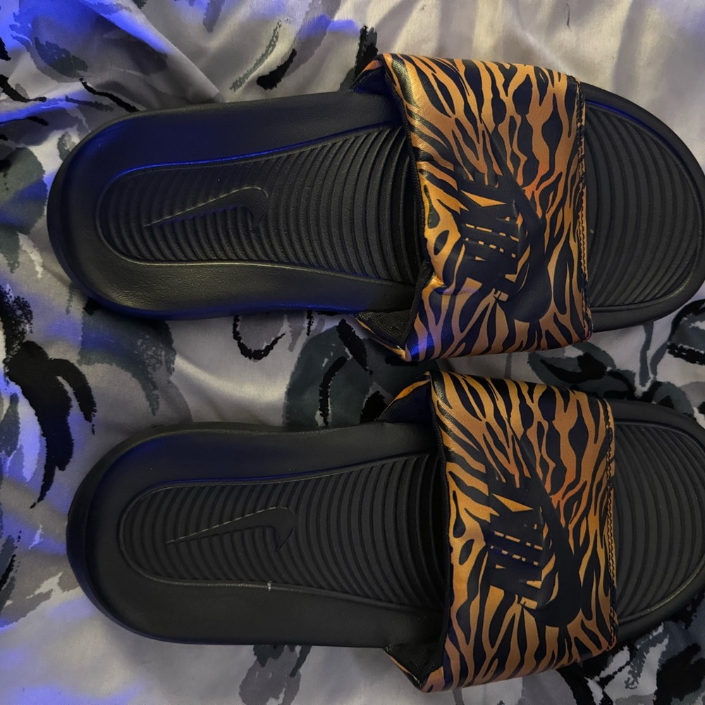 Nike Black and Orange Tiger Pattern Slides